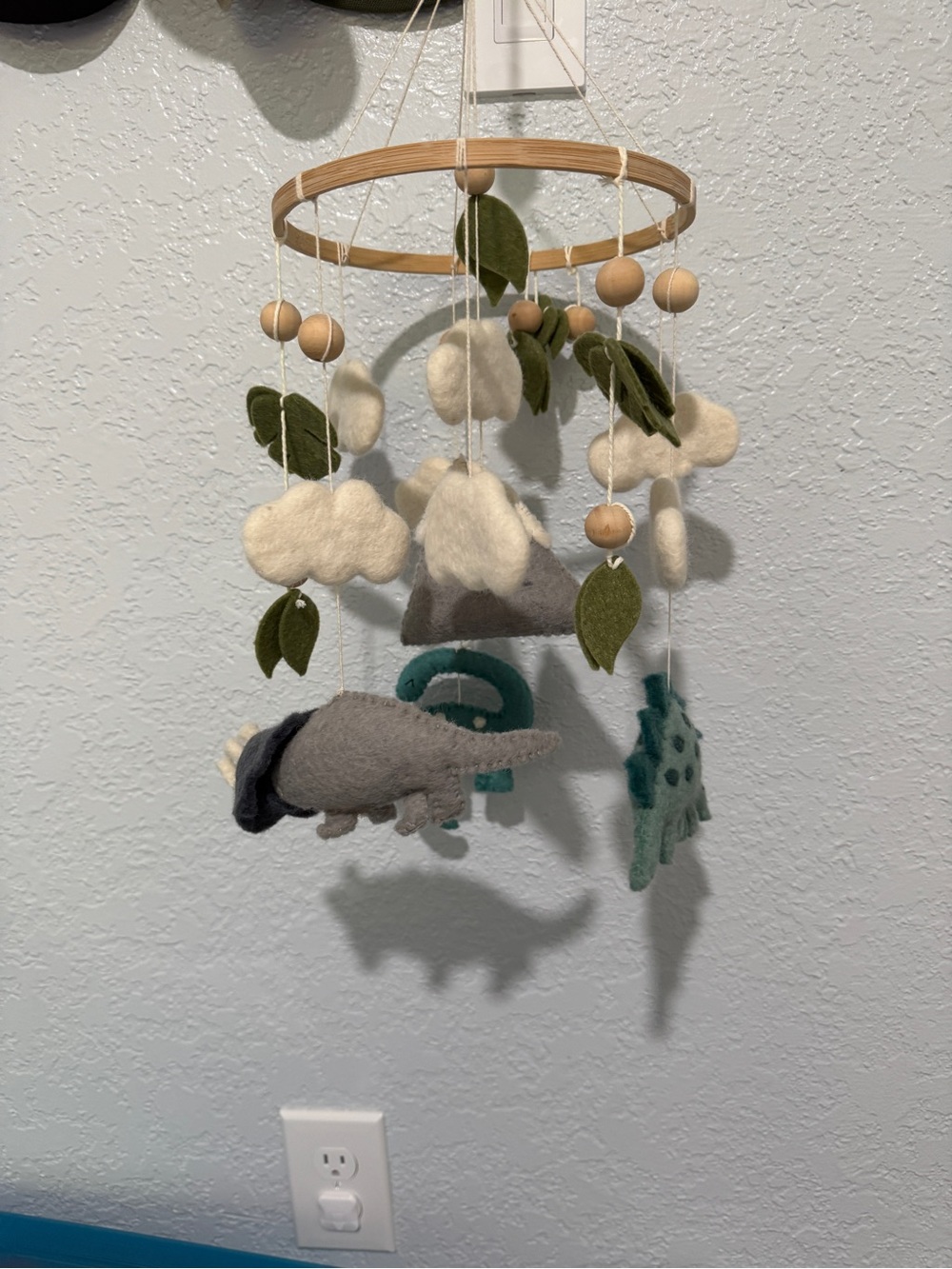 Handmade Felt Dino Mobile in Green, Teal, Gray and Cream - Picture 3 of 3